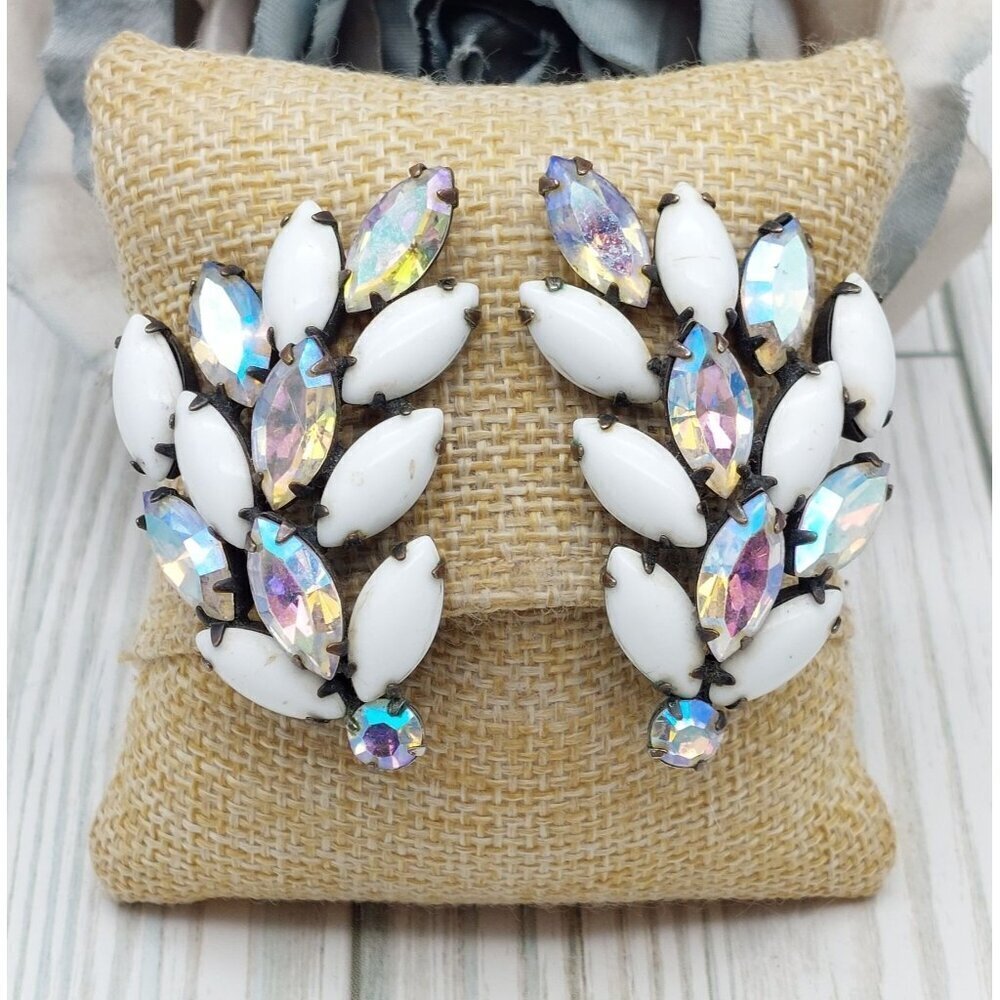 La Roco VINTAGE Milk Glass & AB Navette Crystal Clip On Earrings Large Climbers